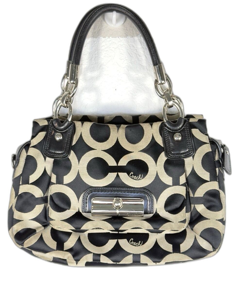 Coach Kristin 16779 Op Art Signature Y2K Satchel Black Khaki Leather Bag
